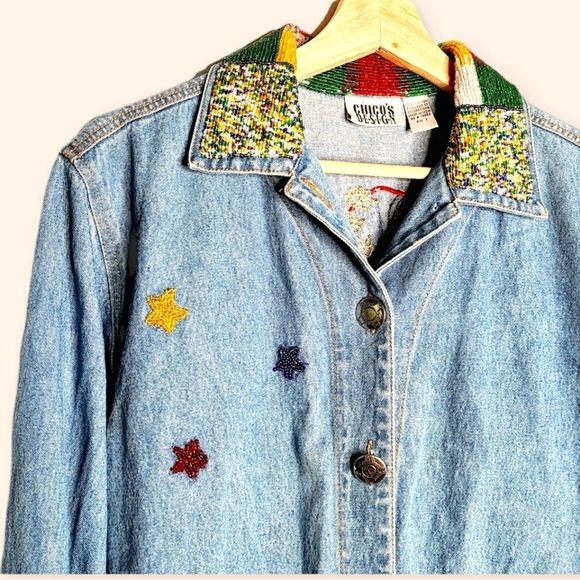 Woman's Chicos Design Embroidered Jean Jacket Beaded 8 Vintage - Picture 5 of 6